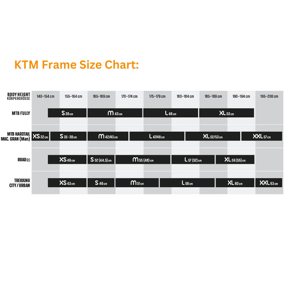 KTM Electric Bike Frame Size Chart - Pedal & Ride