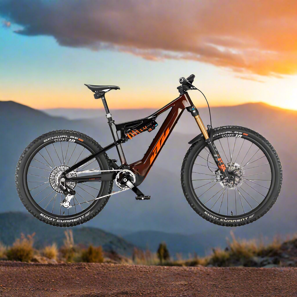 KTM Macina Prowler Exonic MTB Electric Bike Transparent Orange Against Sunset Sky In The Air - Pedal & Ride