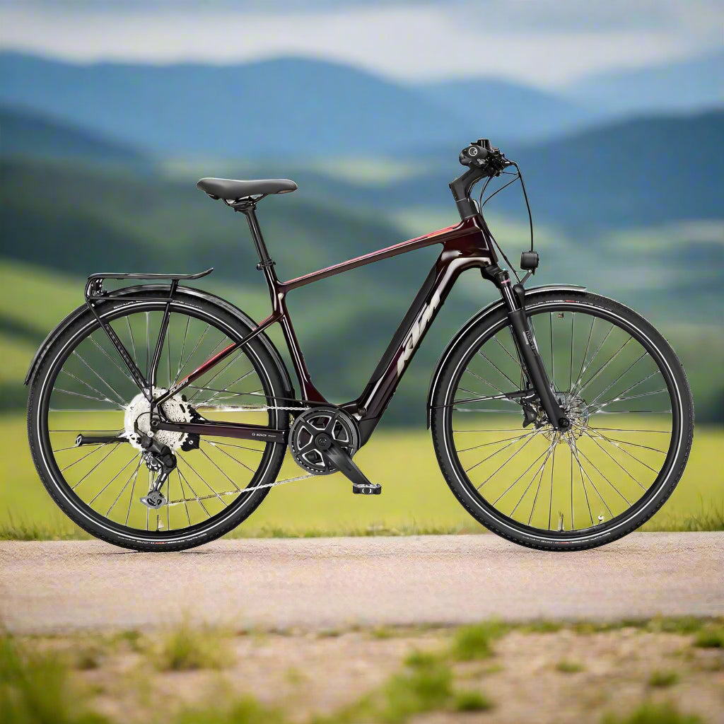 KTM Macina Sport SX Elite H Hybrid Electric Bike Transparent Red On Trail - PEDAL & RIDE