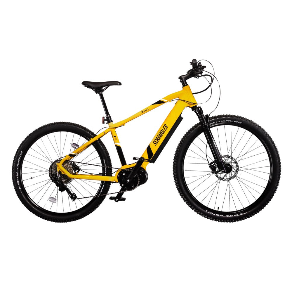 Mark2 Scrambler XC electric mountain bike side view yellow - PEDAL & RIDE