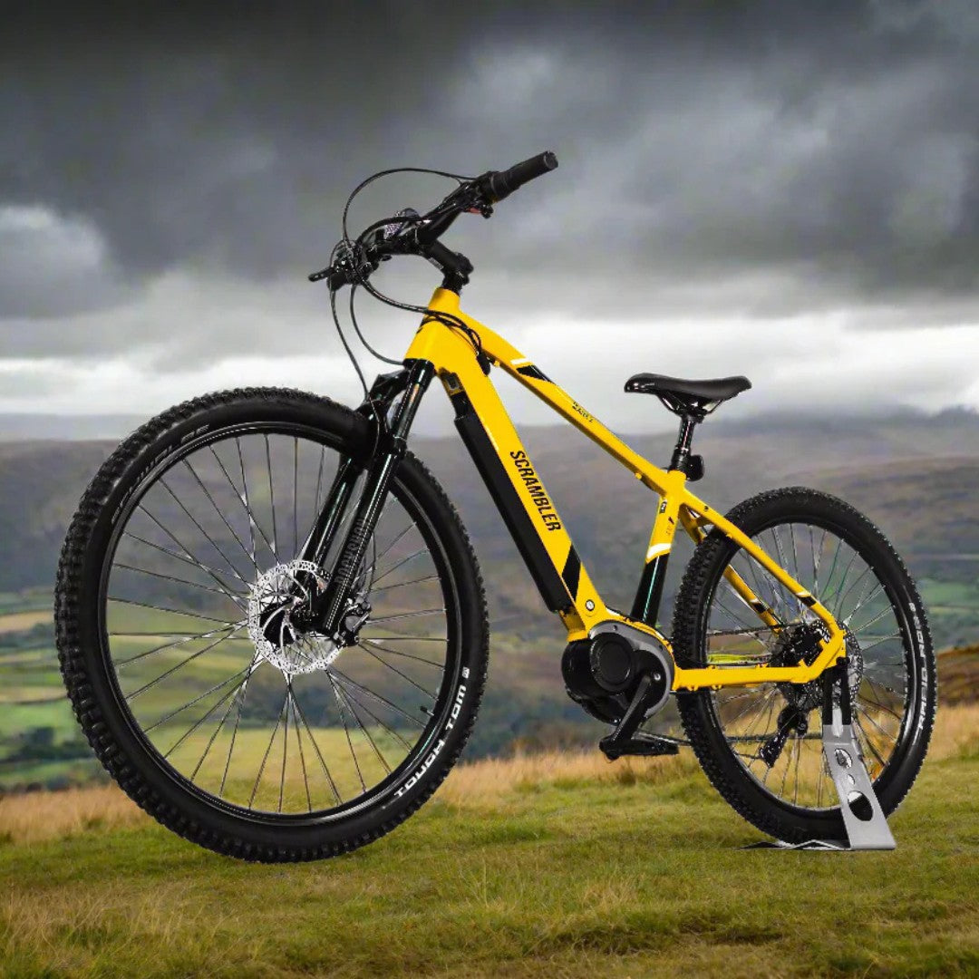 Mark2 Scrambler XC electric mountain bike front view countryside - PEDAL & RIDE