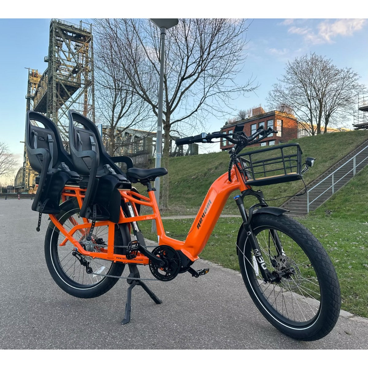 Revom C2 Cargo Electric Bike Orange With Seats Outdoors - PEDAL & RIDE