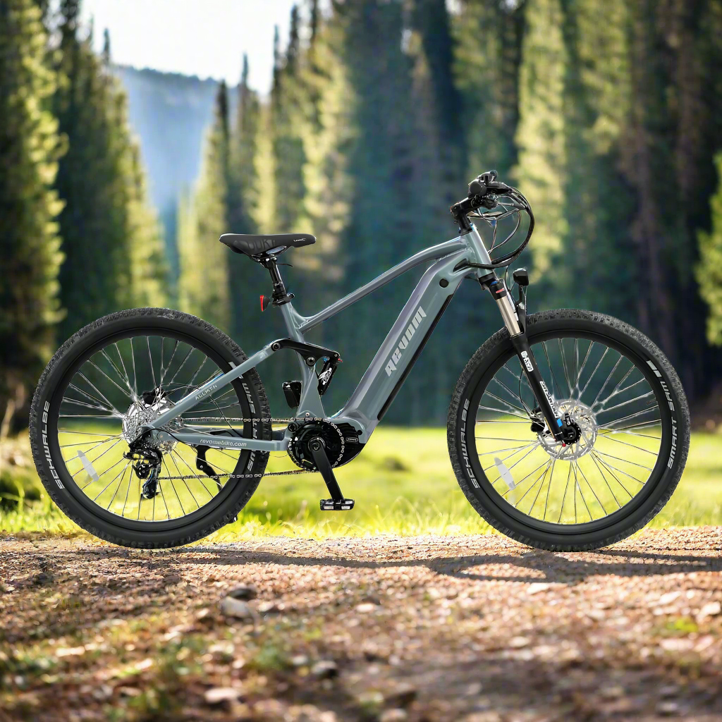 Revom M1 Full Suspension MTB Electric Bike in Forest- PEDAL & RIDE