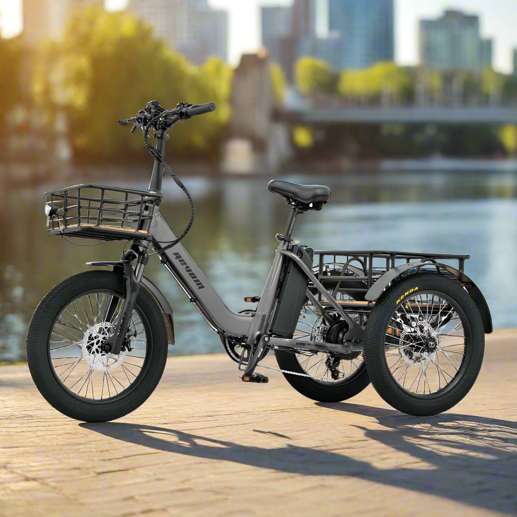 Revom T1F Mover Folding Cargo Tricycle Electric Bike Grey In City By River - PEDAL & RIDE