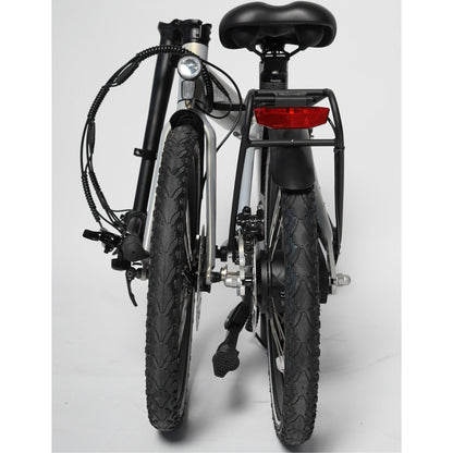 Revom Magi Pro Folding Electric Bike Pearlescent White Folded Front and Rear - PEDAL & RIDE